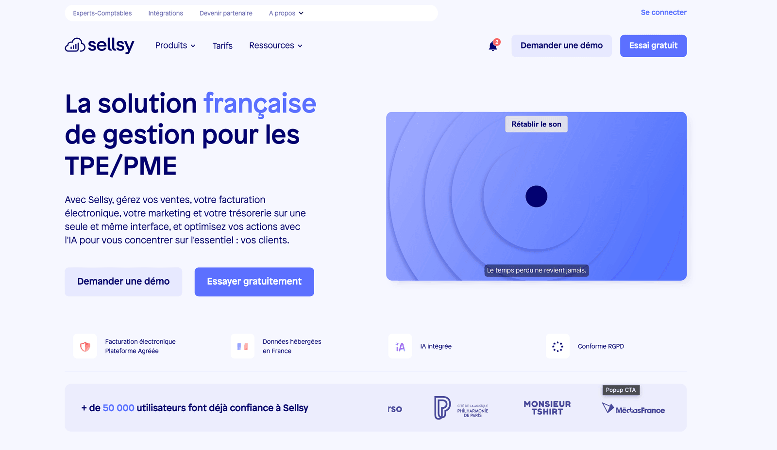 Page d'accueil de Sellsy
