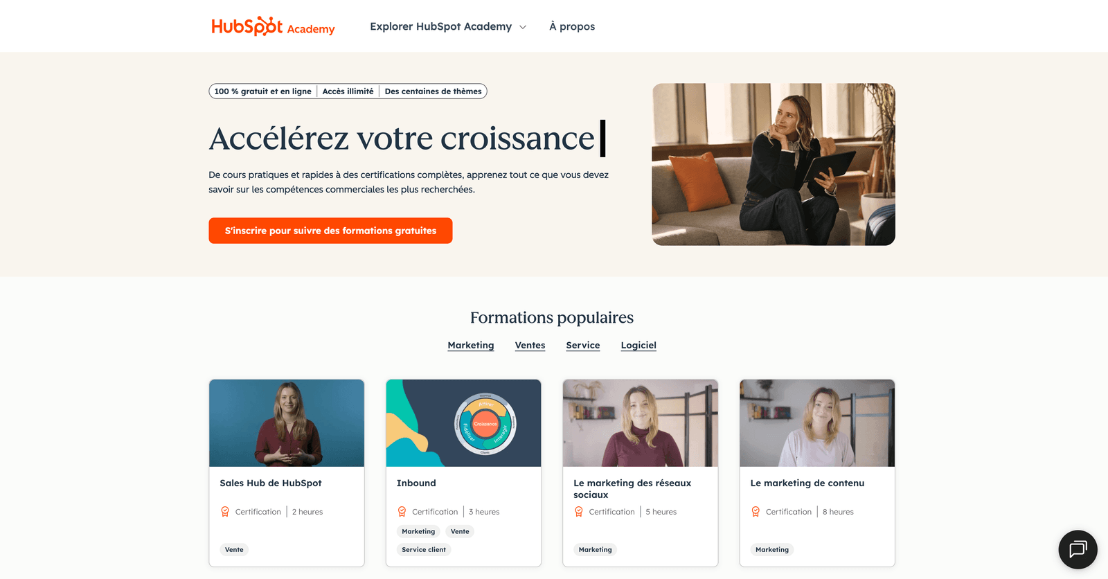 Page d'accueil de HubSpot Academy