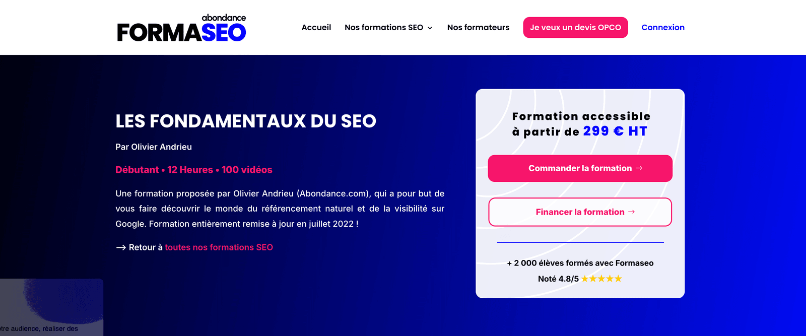 Page d'accueil de FormaSEO