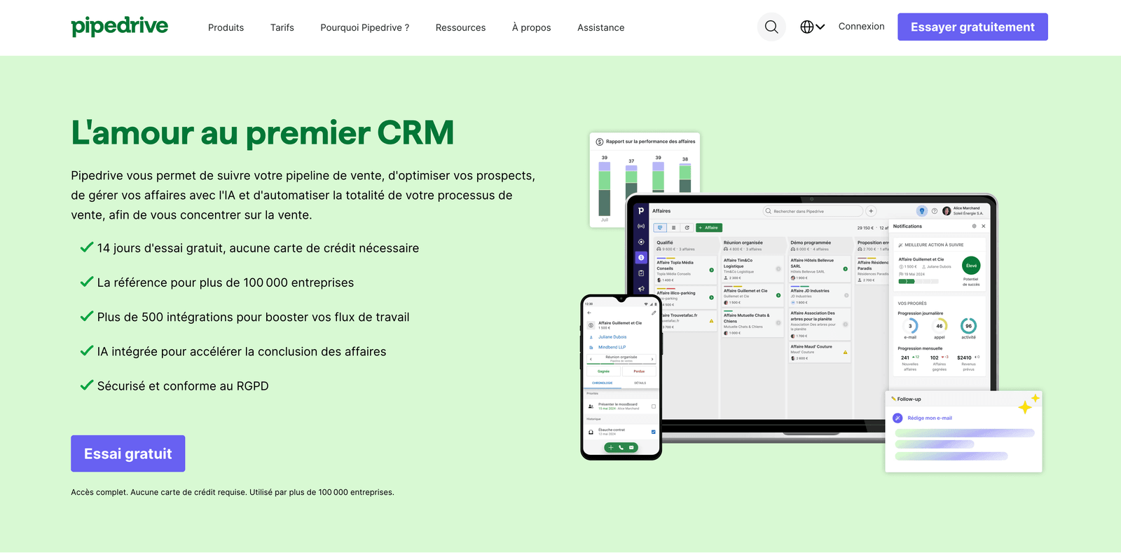 Page d'accueil de Pipedrive