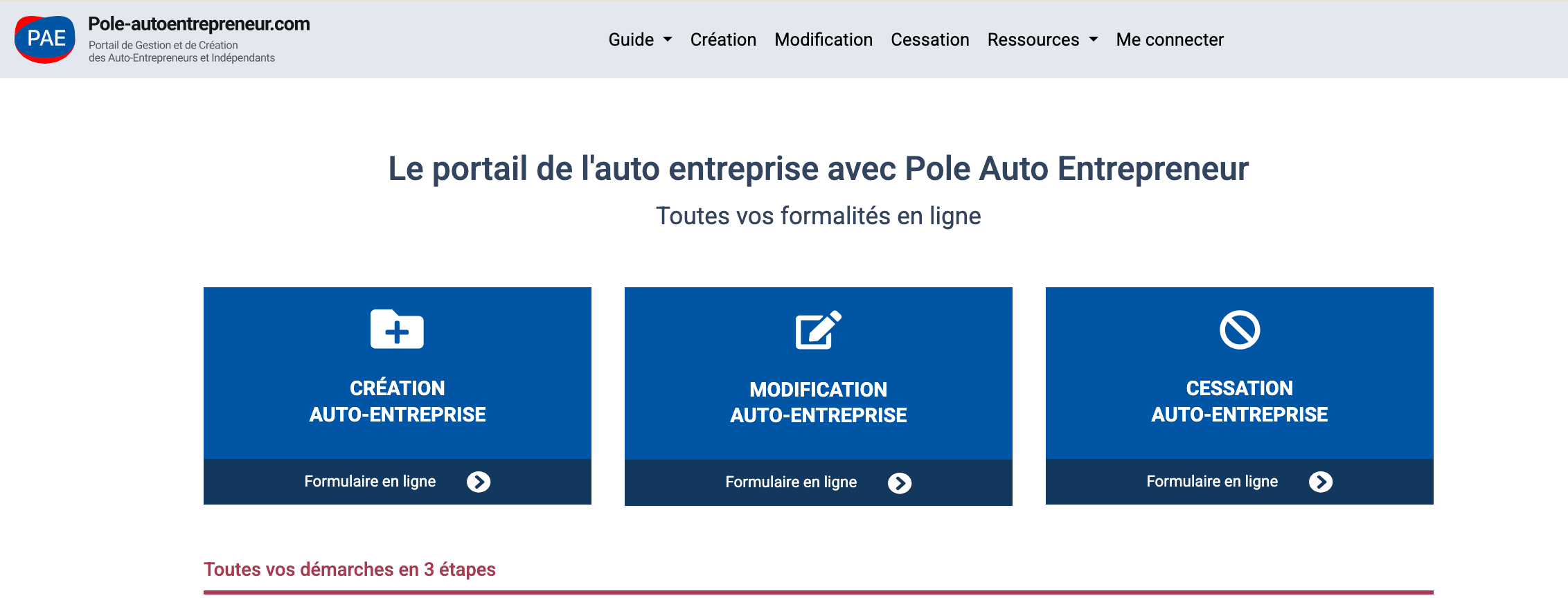 Page d'accueil de Pôle Auto-Entrepreneur