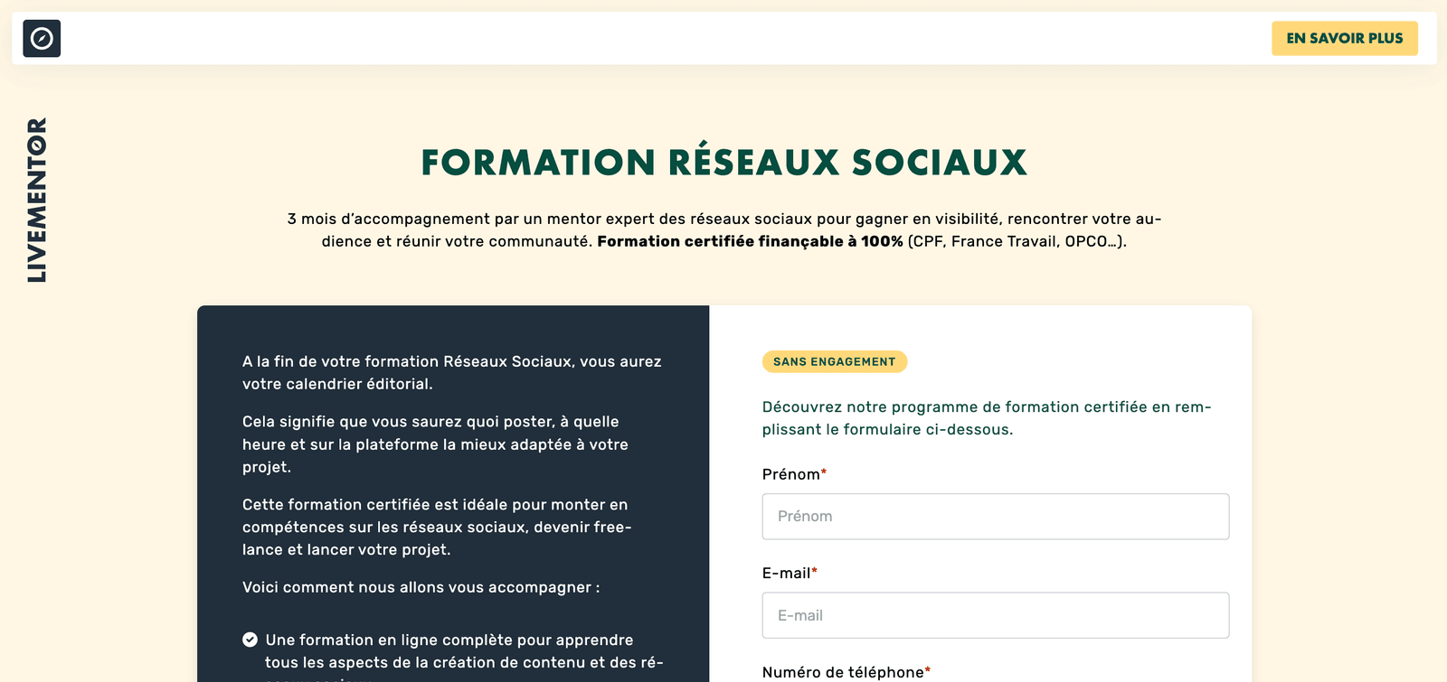 Page d'accueil de LiveMentor Réseaux Sociaux