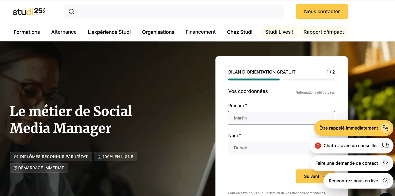 Page d'accueil de Studi Social Media