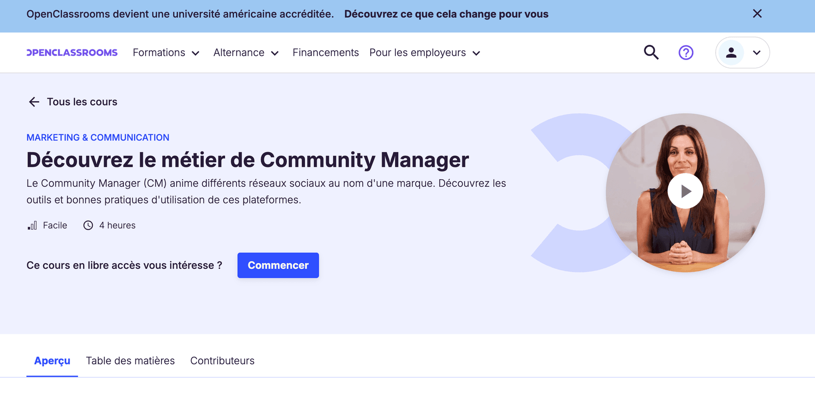Page d'accueil de OpenClassrooms Communication