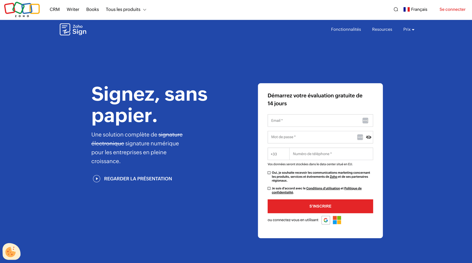 Page d'accueil de Zoho Sign