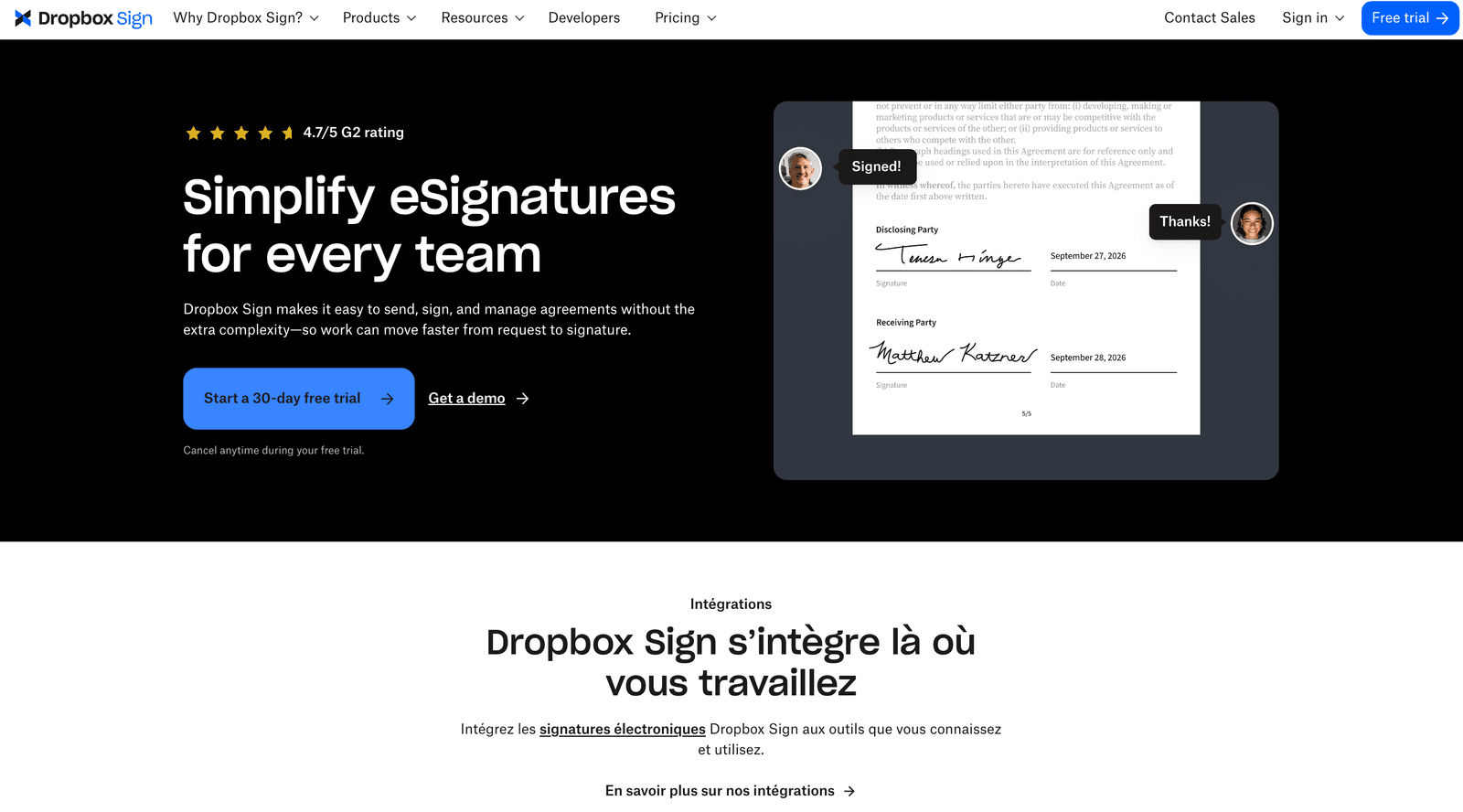 Page d'accueil de Dropbox Sign