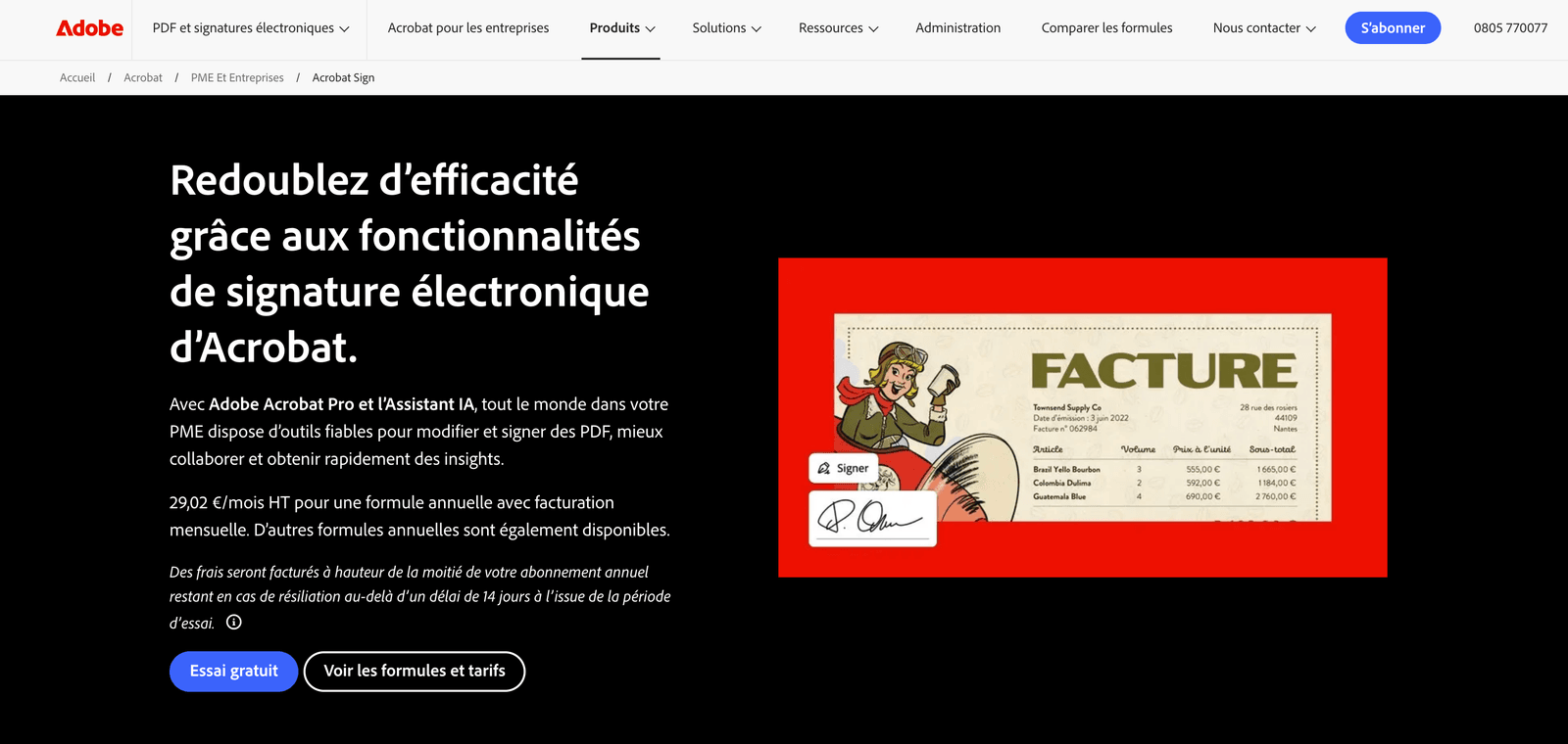 Page d'accueil de Adobe Acrobat Sign